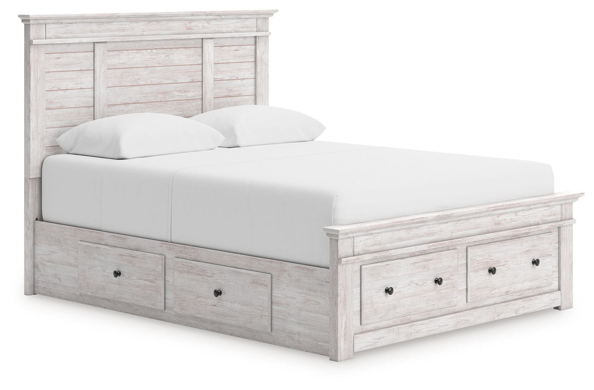 Makidern Whitewash Queen Storage Bed (Underbed Storage & Storage Footboard, 3 Storage Units)