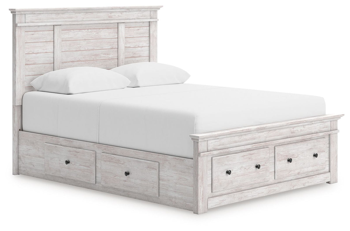 Makidern Whitewash Queen Storage Bed (Underbed Storage & Storage Footboard, 2 Storage Units)