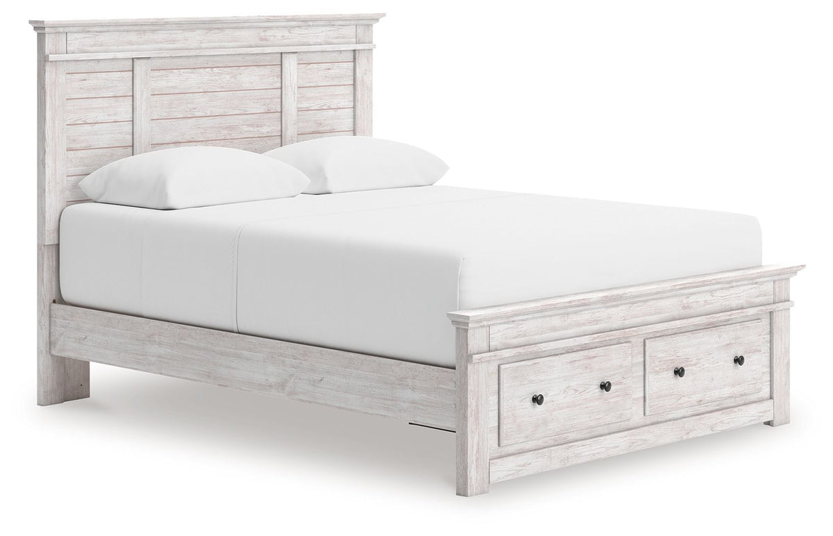 Makidern Whitewash Queen Storage Bed (Storage Footboard, 1 Storage Unit)